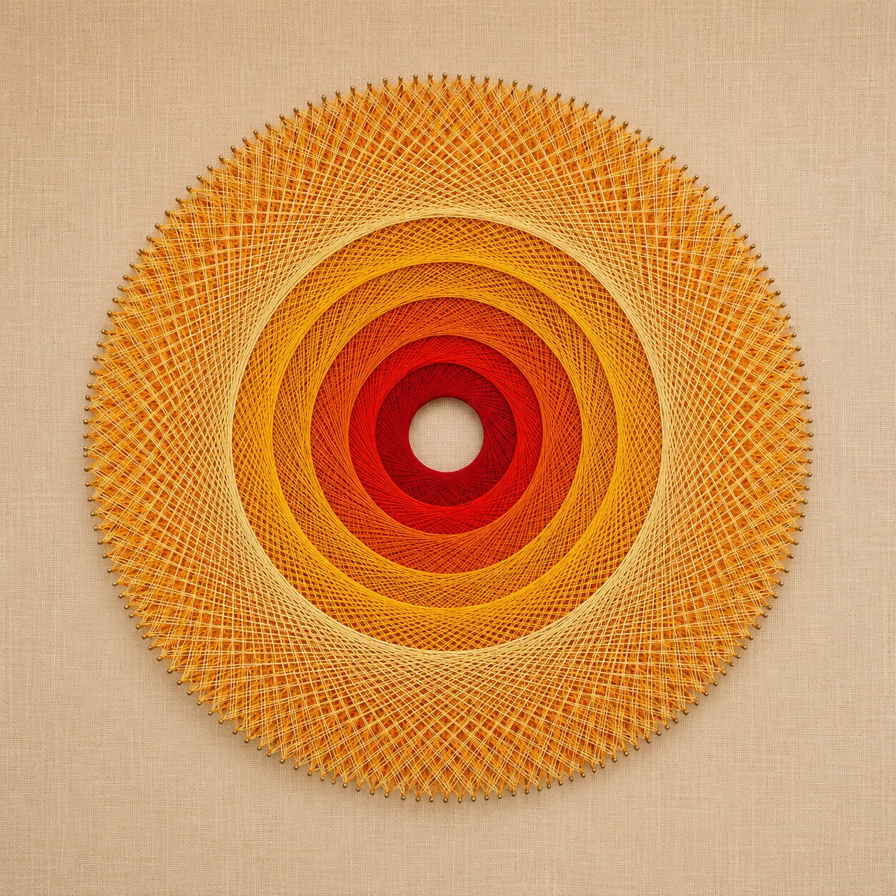Sinnergie-Wandbild: ein Fadenkunst-Mandala aus konzentrischen Ringen in Gelb, Orange und Rot auf Leinen